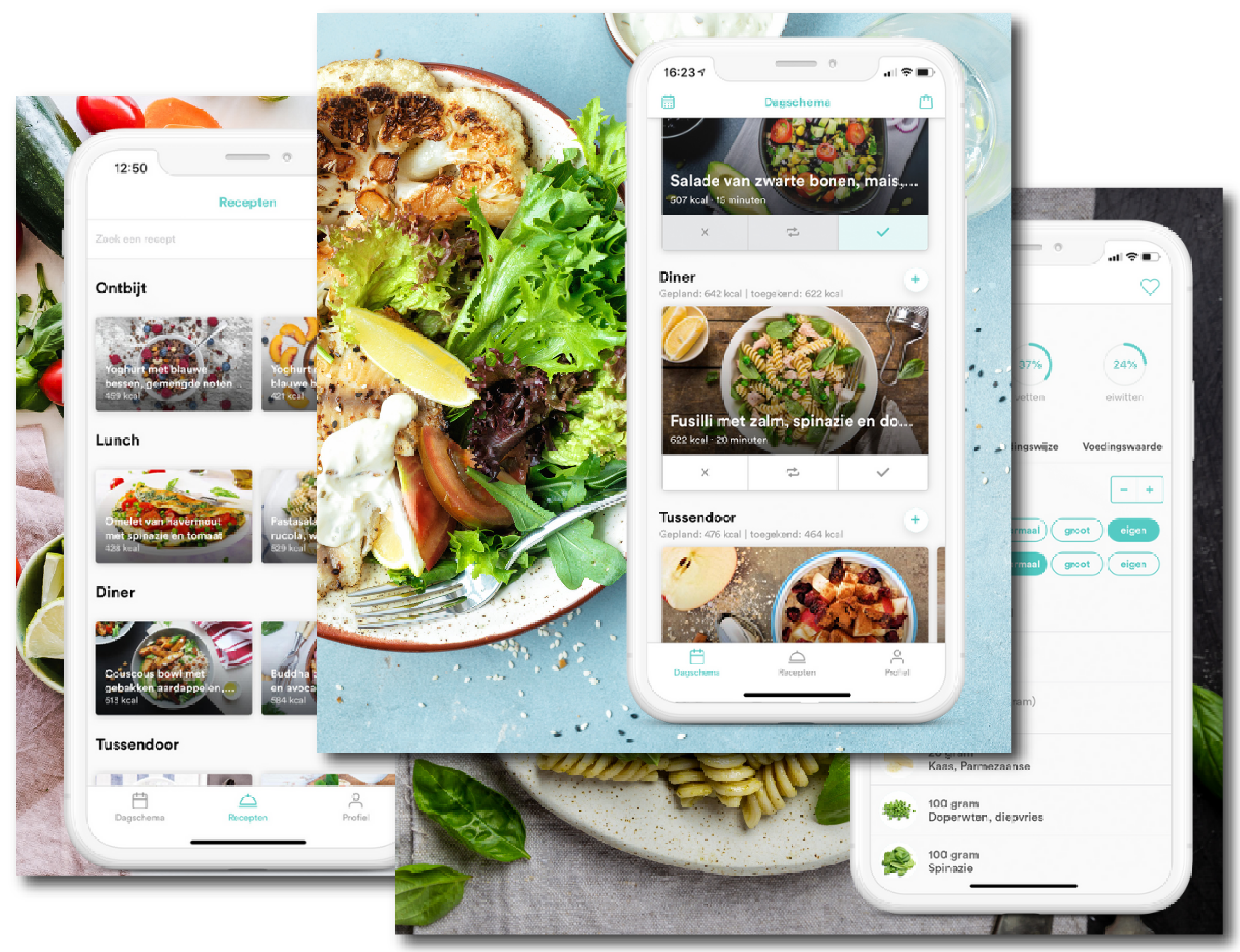 Opgestapelde foto's van gerechten