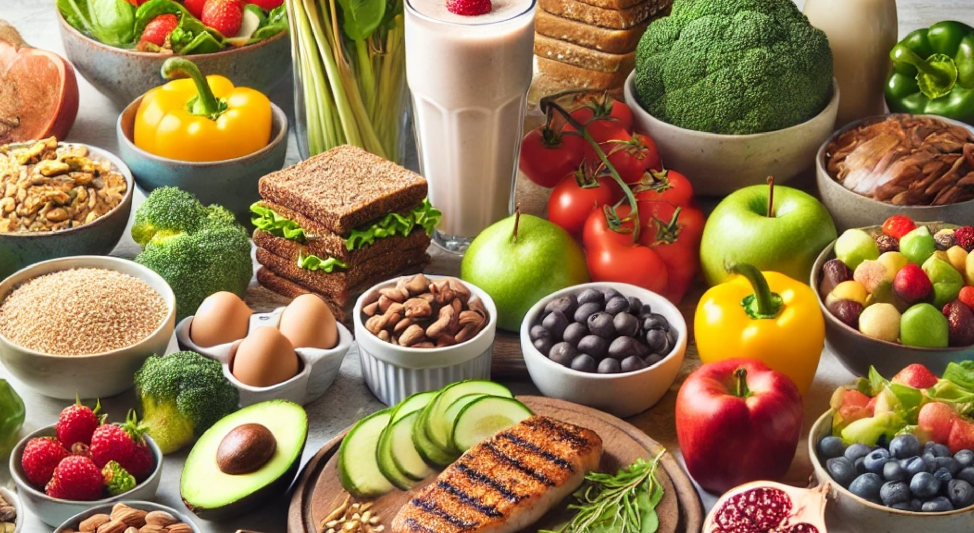 Healthy food collection on the kitchen table.