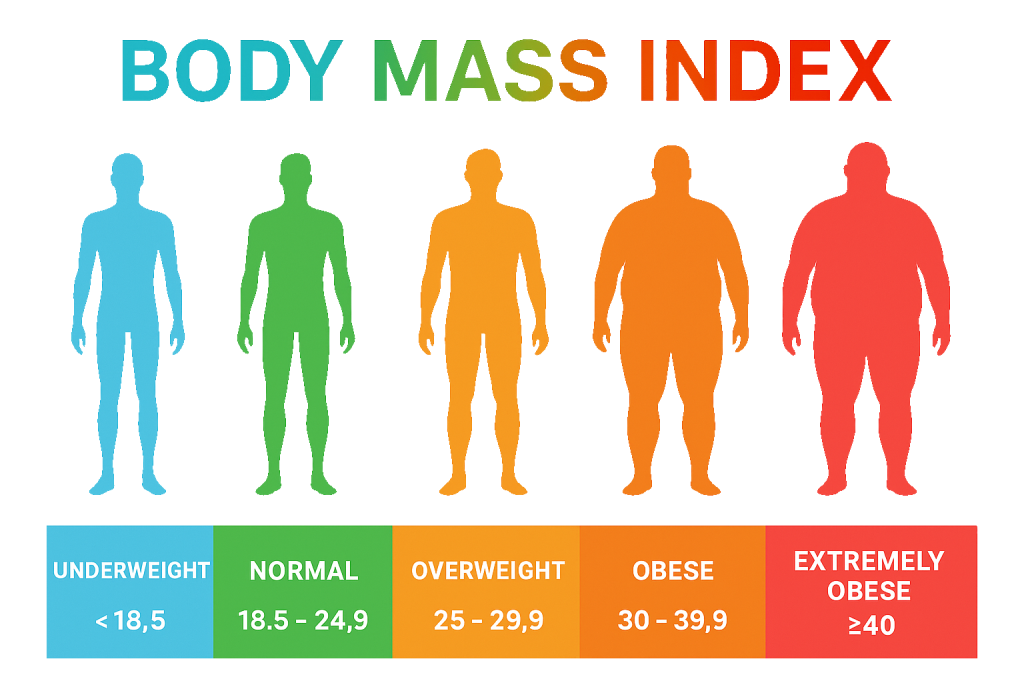 Health infographic showing five human silhouettes representing BMI categories: underweight, normal, overweight, obese, and extremely obese, each with corresponding BMI ranges.