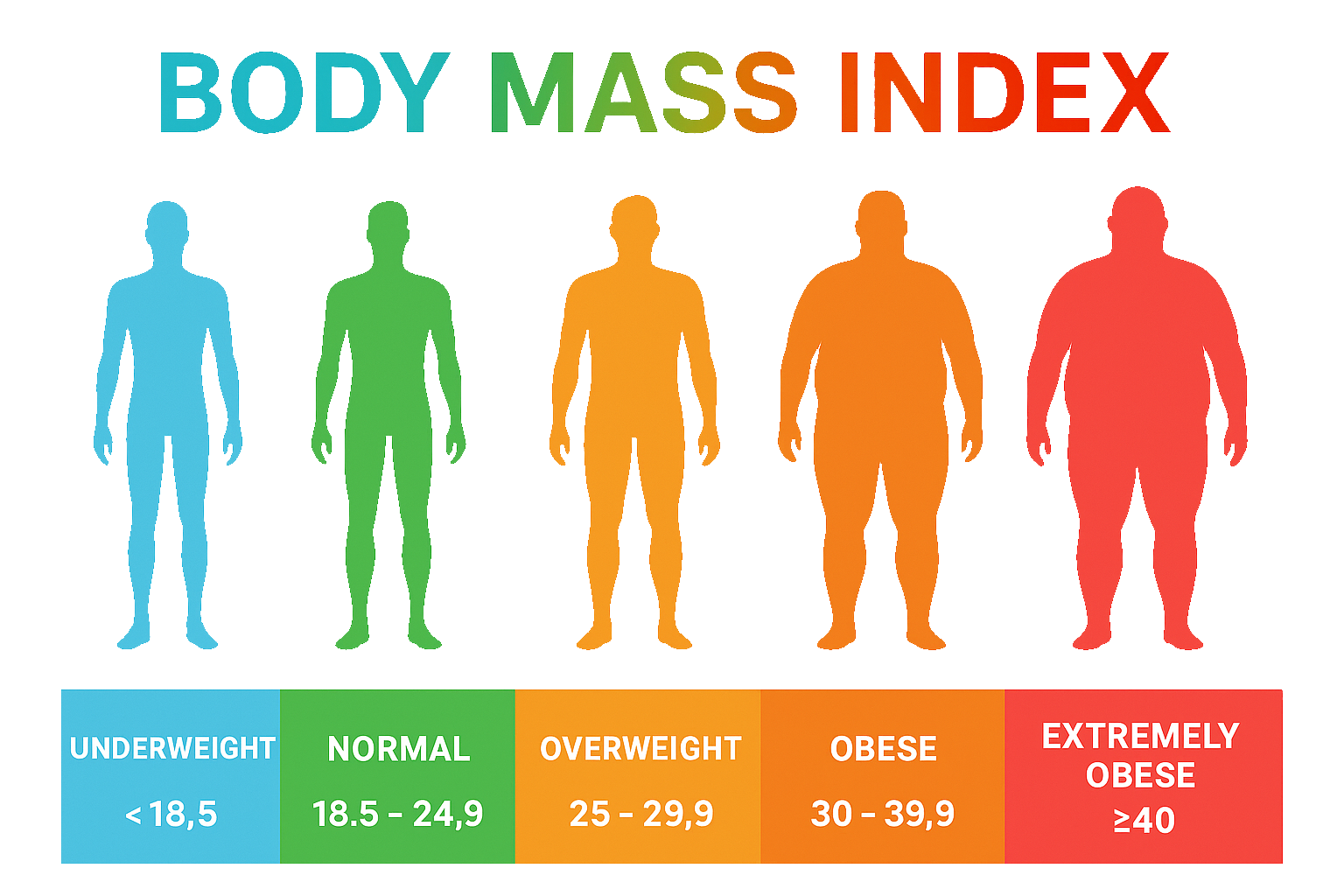 Health infographic showing five human silhouettes representing BMI categories: underweight, normal, overweight, obese, and extremely obese, each with corresponding BMI ranges.
