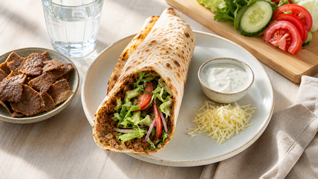 Turkish pizza calories: lahmacun, sauce, cheese and doner